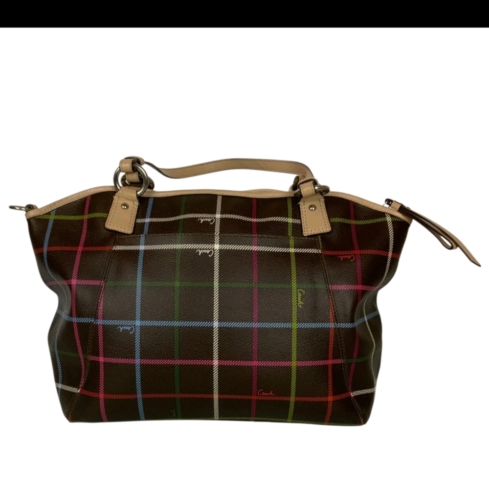 Coach Brown Plaid Tote with Tan Handles and Multicolor Stripes - Picture 3 of 9